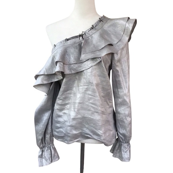 Chelsea & Walker Off- Shoulder Foiled Carrey Linen Blouse Size 6 - Picture 6 of 10